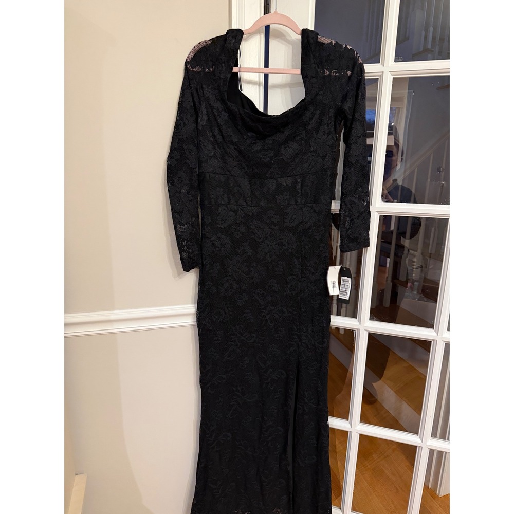 Bebe Womens Black Floral Lace Cowl Neck Long Sleeve Maxi Formal Gown Dress L NEW